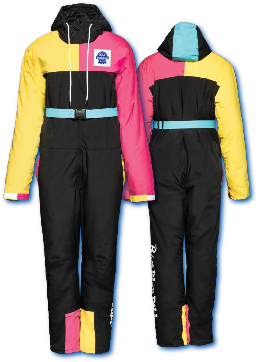 Colorful Pabst ski suits, both the front and back view where the body of the suit is black, left arm is bright pink, right arm is bright yellow